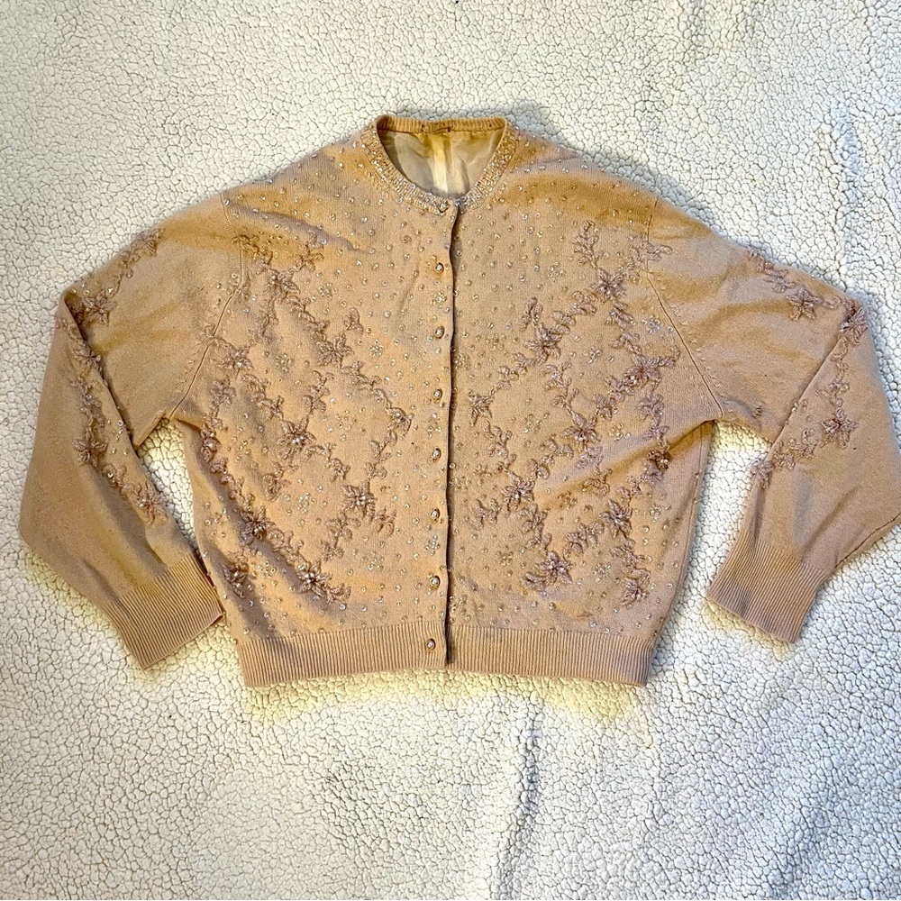 1950s Vintage Beaded Tan Sweater with Sequins